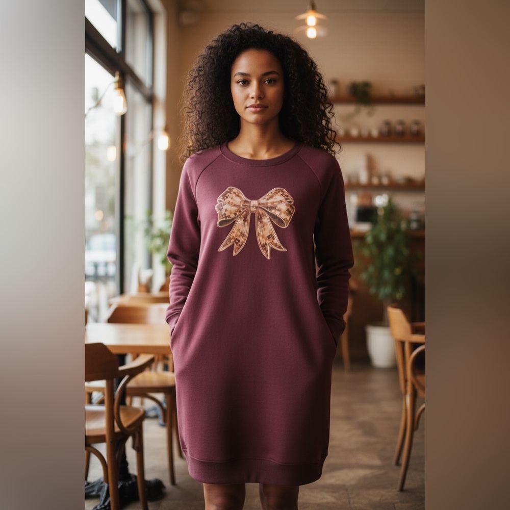 Burgundy Sweatshirt Dress with Bow